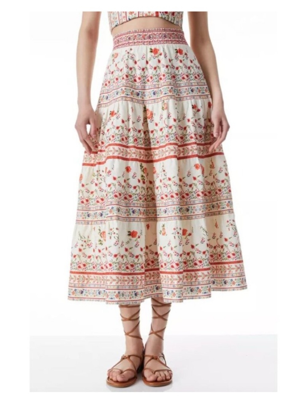 Alice and Olivia Melony Floral Tiered LinenMidi Skirt size 0